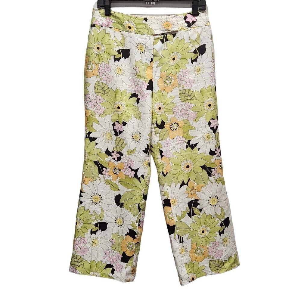 Vintage Talbots 100% Linen Floral Sketch Print Wide Leg Cropped Trouser Pants, 8